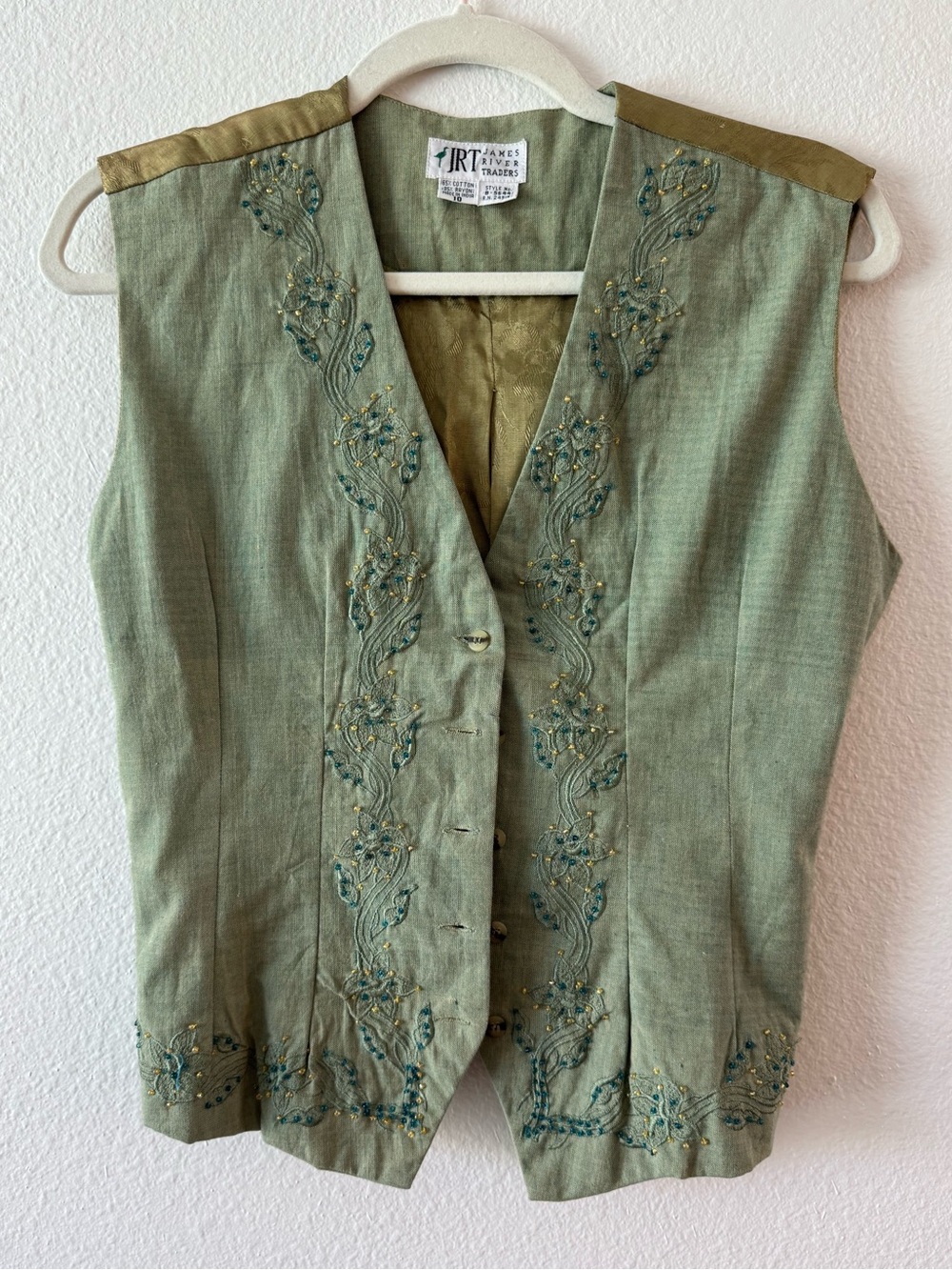 VTG 90s JRT Sage Green Embroidered Linen Blend Vest Cottagecore